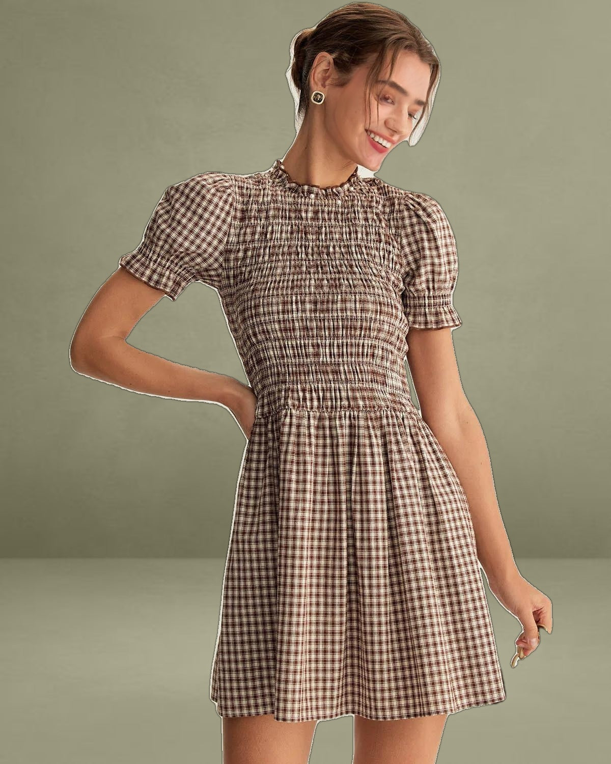 Coffee Plaid Puffed Sleeve Mini Dress