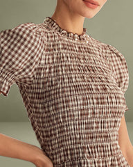 Coffee Plaid Puffed Sleeve Mini Dress