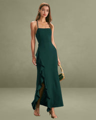 The Green Ruffle Cross Back Strap Maxi Dress