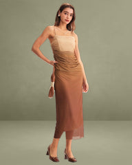 Brown Ruched Mesh Slip Midi Dress