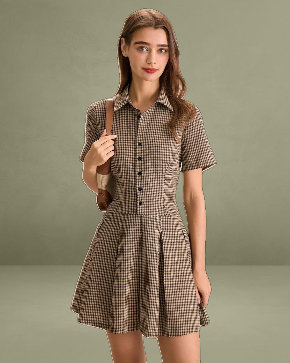 Brown Plaid Lapel Pleated Mini Dress