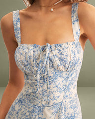Blue Floral Ruched Slip Corset Mini Dress