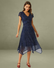 Navy Polka Dot Cap Sleeve Midi Dress