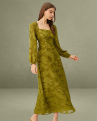 Green Floral Square Neck A-Line Maxi Dress