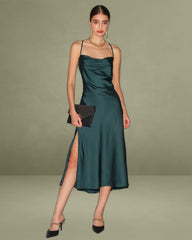 Green Satin Cowl Neck Slip Midi Dress
