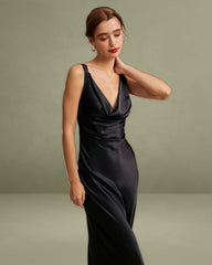 Black Cowl Neck Sheath Satin Maxi Dress