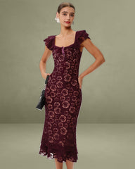 Wine Red Floral Mermaid Midi Dress