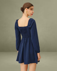 Navy Puffed Sleeve A-Line Mini Dress