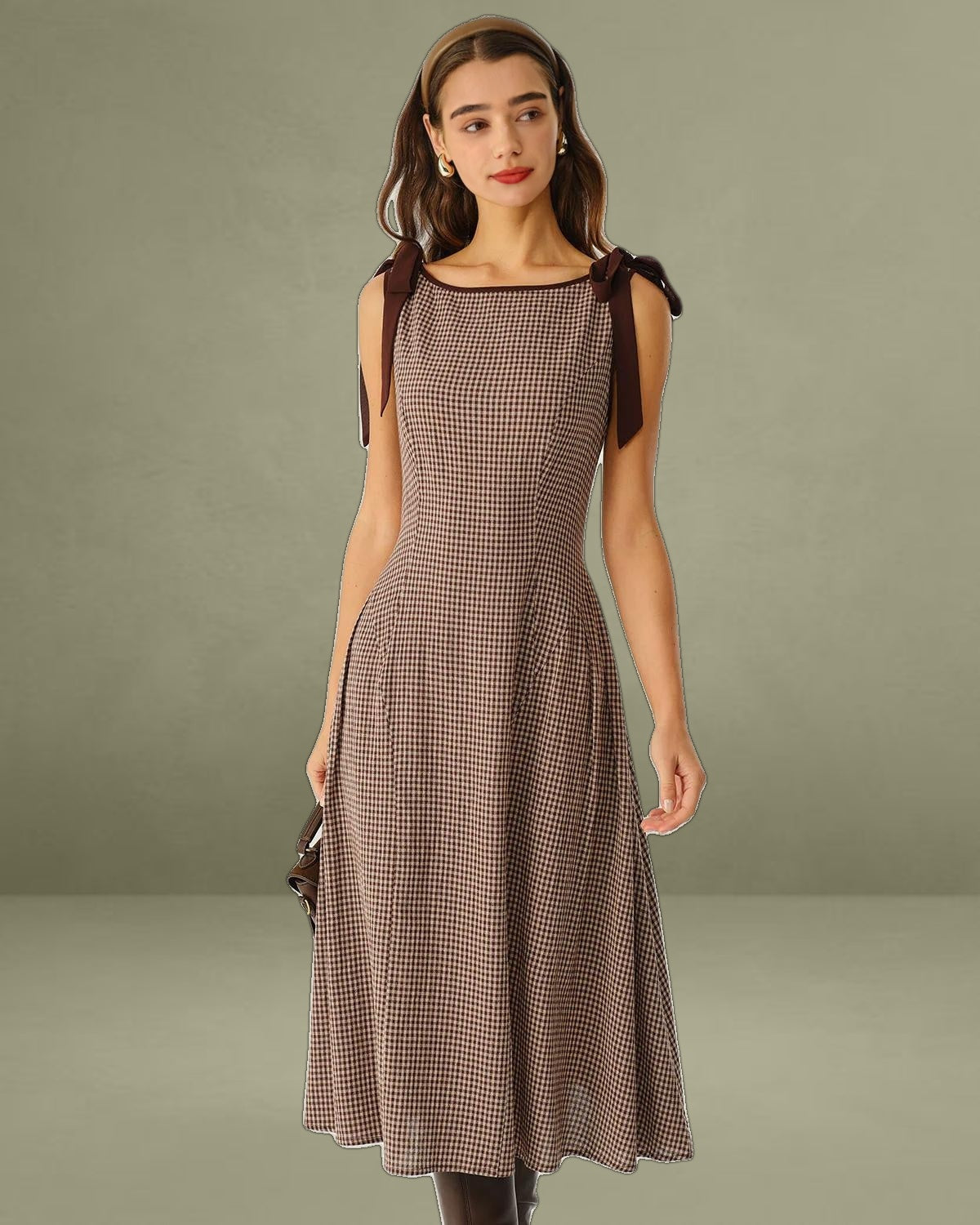 Brown Plaid Boat Neck A-Line Midi Dress
