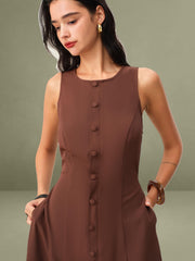 Brown Round Neck Button Sleeveless Maxi Dress