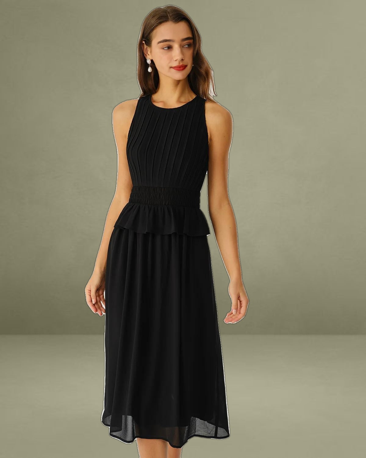 Black Round Neck A-Line Sleeveless Midi Dress