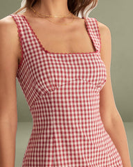 Red Plaid Square Neck Slip Mini Dress