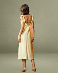 Yellow Square Neck Ruffle Satin Midi Dress