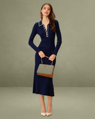 Blue Contrasting Button Sweater Dress