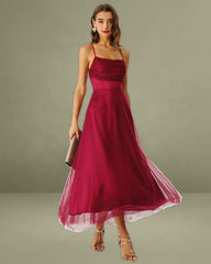 Wine Red Mesh Flowy Slip Midi Dress