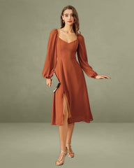 Red Puffed Sleeve Slit Midi Dress