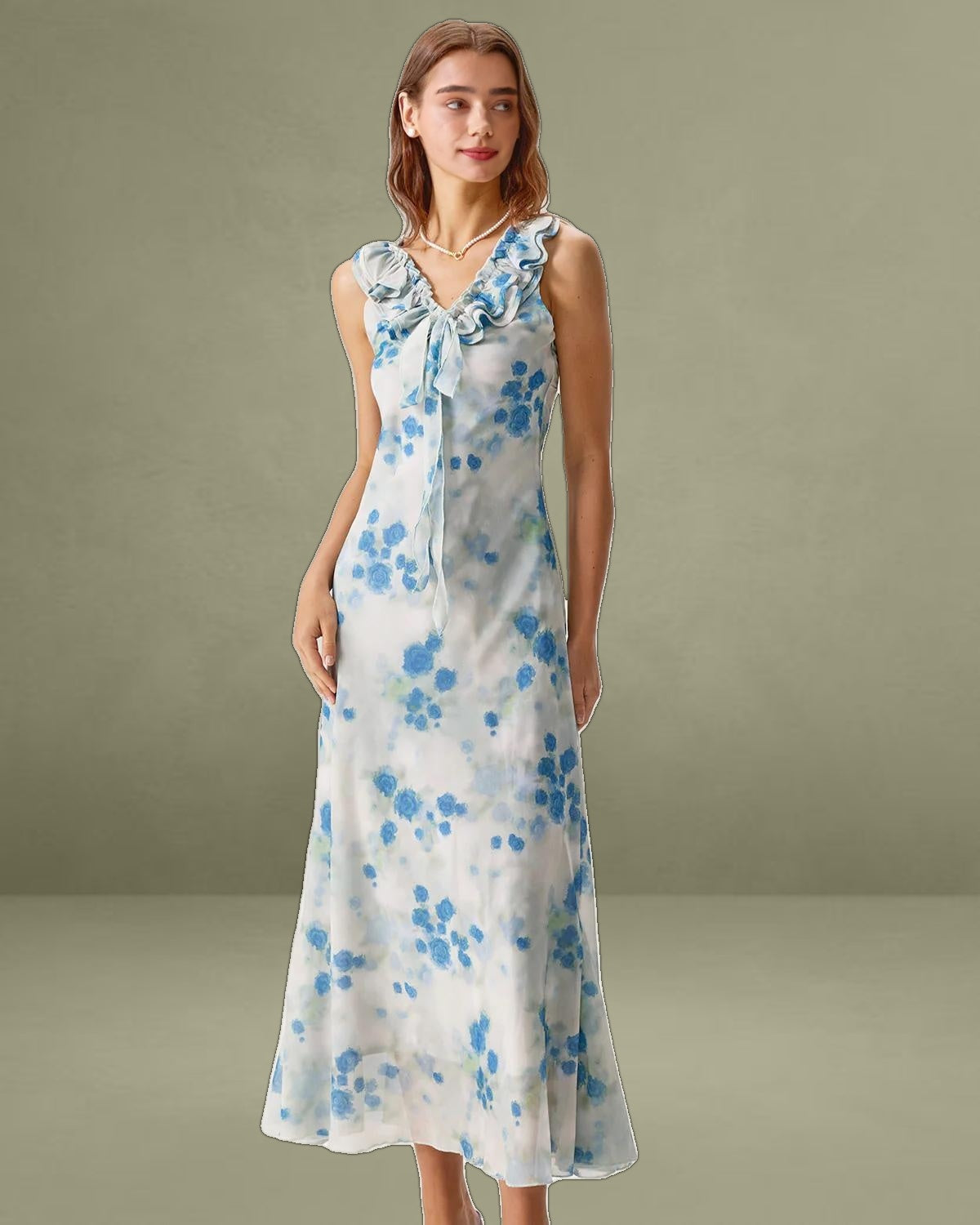 Blue Floral Ruffle V Neck Sleeveless Midi Dress
