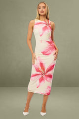 Pink Floral Bodycon Dress Sleeveless Mesh