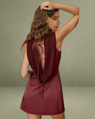 Wine Red Satin Cowl Neck Backless Mini Dress