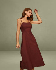 Wine Red Square Neck Shirred Slip Midi Dress