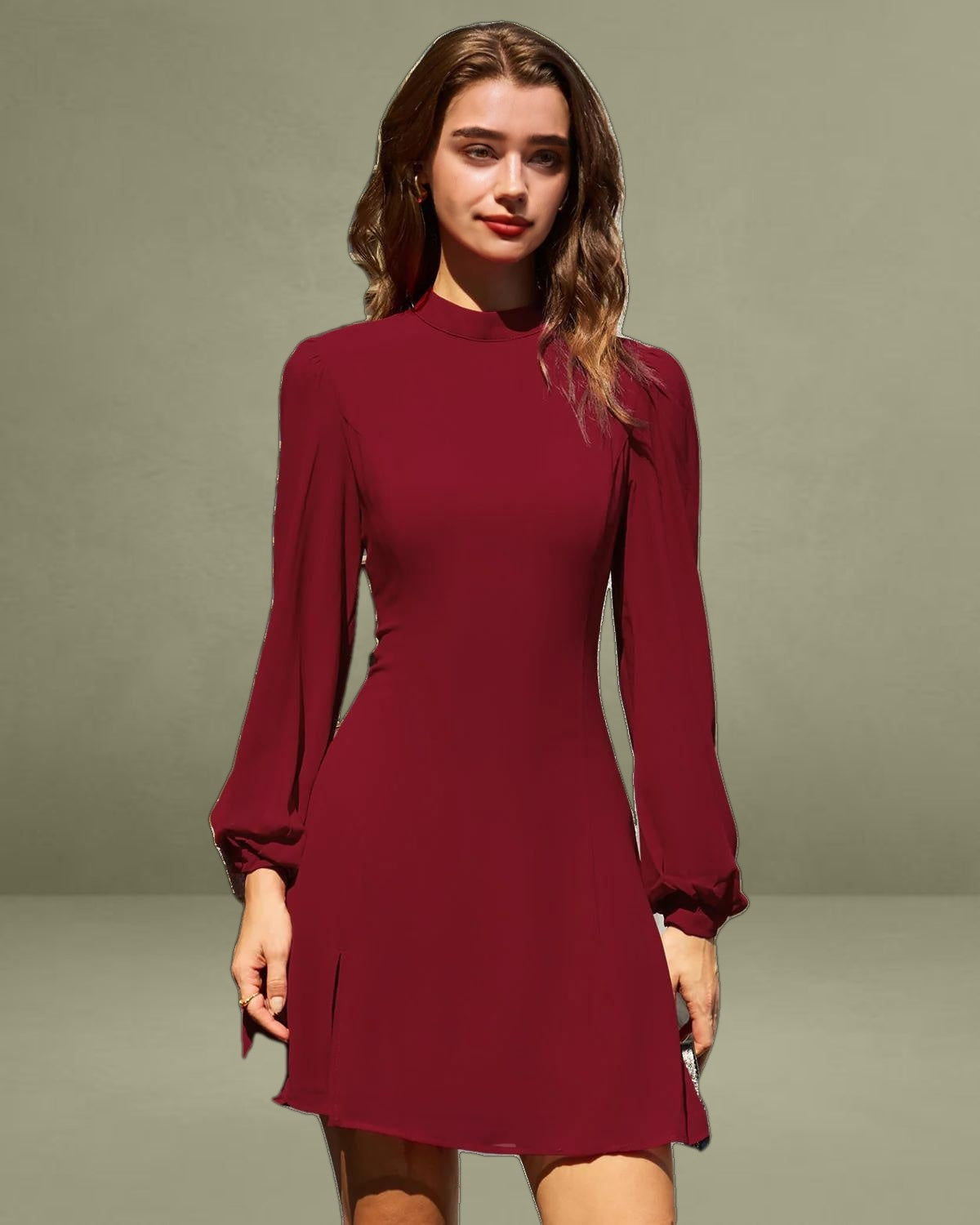 Red Mock Neck See-Through Mini Dress