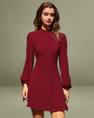 Red Mock Neck See-Through Mini Dress