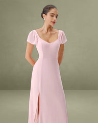 Pink Sweetheart Neck Chiffon Maxi Dress