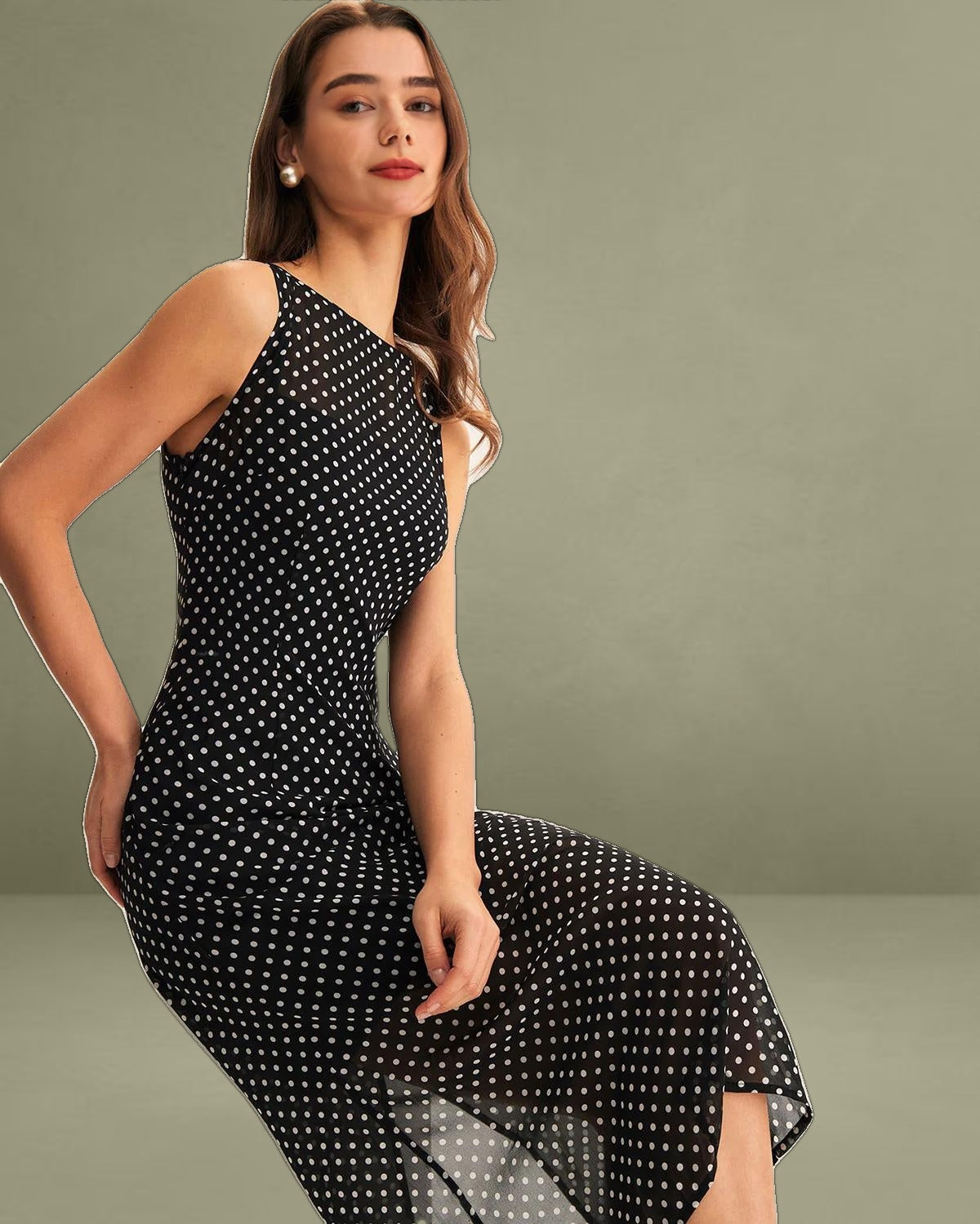 Black Polka Dot Boat Neck Midi Dress