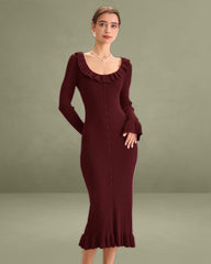 Wine Red Bodycon Bell Sleeve Sweater Dress