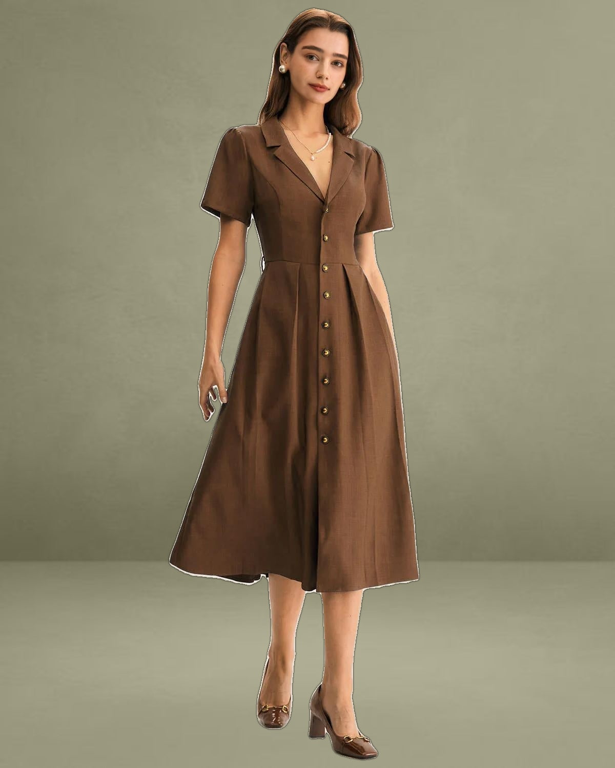 Brown Pleated A-Line Midi Dress