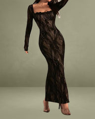 Black Lace See Through Bodycon Maxi Dress