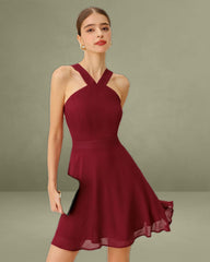 Wine Red Chiffon A-Line Sleeveless Mini Dress