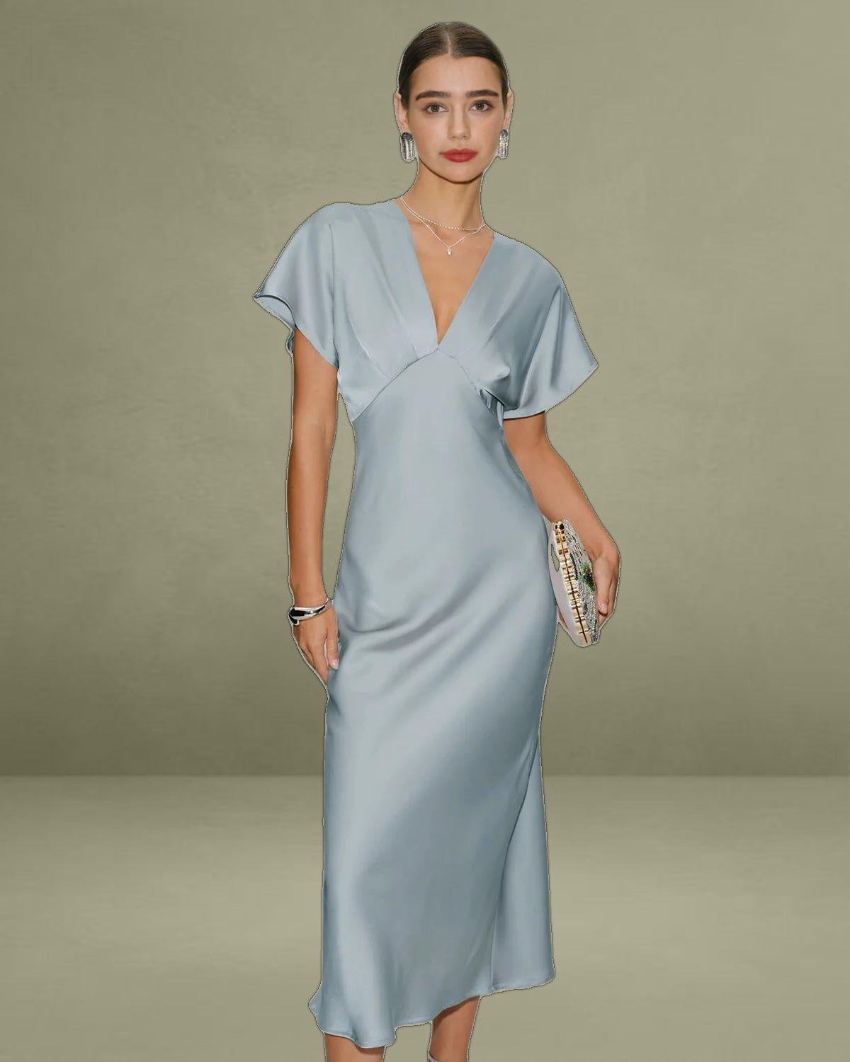 Blue Satin Cowl Sleeve Midi Dress