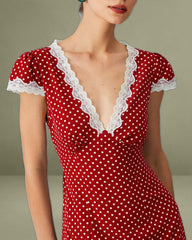 The Red V Neck Polka Dot Lace Ruched Maxi Dress
