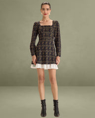 Black Contrasting Puffed Sleeve Mini Dress