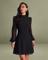 The Black Stand Collar Sheer Slit Mini Dress