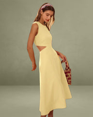 Yellow Round Neck Cut-Out Midi Dress