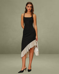 Black Contrasting High-Low Midi Dress