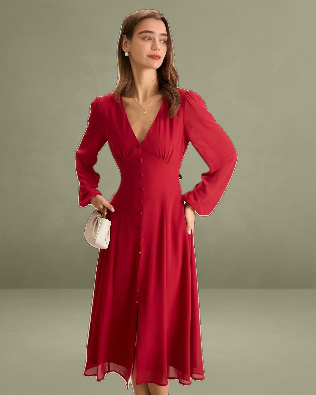 Women's Red V-Neck Puff Sleeve Slit Midi Dress