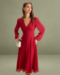 Women's Red V-Neck Puff Sleeve Slit Midi Dress