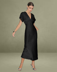 Black Satin V Neck Cowl Sleeve Midi Dress