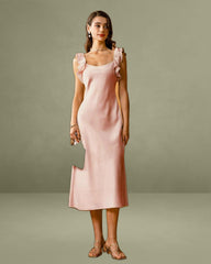 Pink Square Neck Ruffle Satin Midi Dress