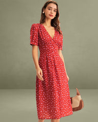 Red Polka Dot Ruched Midi Dress
