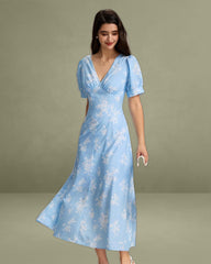 Blue Floral Puffed Sleeve Ruched Midi Dress