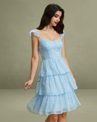Blue Sweetheart Neck Tiered Midi Dress