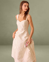 White Sweetheart Neck Jacquard Midi Dress
