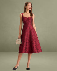 The Red Sweetheart Neck Jacquard Midi Dress
