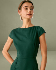 The Green Boat Neck Cutout Back Midi Dress