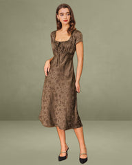 Brown Jacquard A-Line Midi Dress