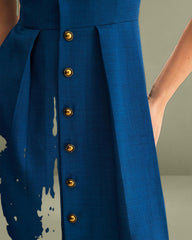 Blue V Neck Pleated Button Midi Dress